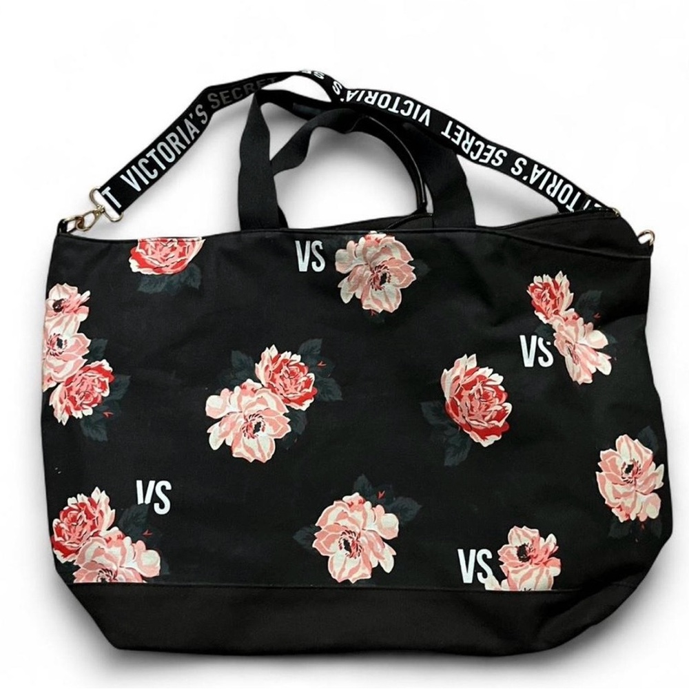 Victoria's Secret Black Floral Weekend Tote with Pink Roses